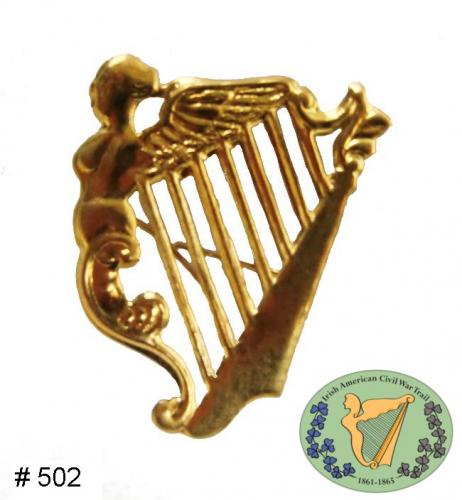 BT502 - Irish Harp Hat Insignia, Brass pressing with attaching wires on back - EN STOCK