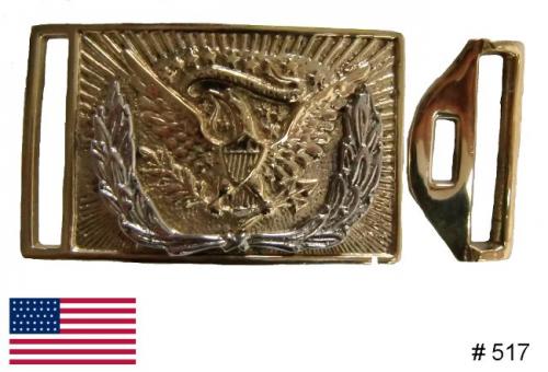 BT517 - US Sword Belt Buckle, US Infantry Officers rectangular solid brass two piece Eagle Sword Belt Buckle with silver wreath - EN STOCK