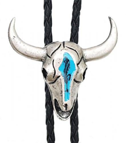 Bolo Tie - BT-86 - Steer Head Turquoise Enamel Bolo Tie - Made in USA - EN STOCK