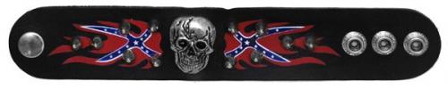 Bracelets - SD-18 -Leather Rebel Spike Skull Bracelet - 2 Rebel Flames - EN STOCK