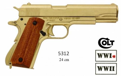 DENIX - WWI and WWII - 5312 - Pistolet automatique (Colt) .45 M1911A1, USA 1911 (doré, crosse en bois striée, canon détachable et chargeur amovible) - disponible sur commande