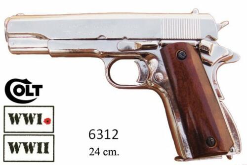 DENIX - WWI and WWII - 6312 - Pistolet automatique (Colt) .45 M1911A1, USA 1911 (argenté, crosse en bois lisse, canon détachable et chargeur amovible) - disponible sur commande