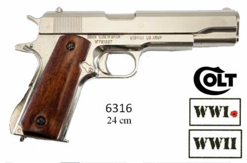 DENIX - WWI and WWII - 6316 - Pistolet automatique (Colt) .45 M1911A1, USA 1911 (argent, crosse en bois lisse, canon non détachable et chargeur non amovible) * disponible sur commande