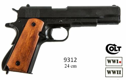 DENIX - WWI and WWII - 9312 - Pistolet automatique (Colt) .45 M1911A1, USA 1911 (noir, crosse en bois lisse, canon détachable et chargeur amovible) -EN STOCK