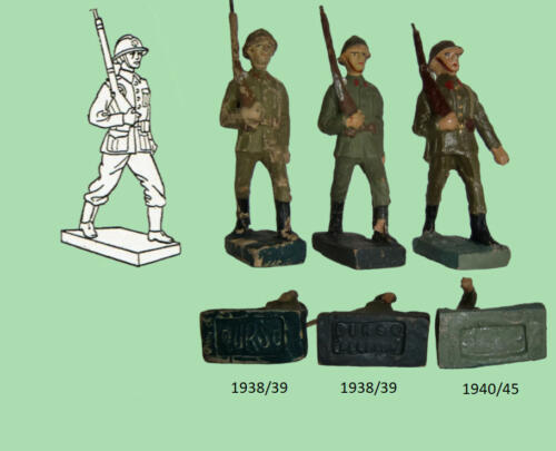 Durso - Belge avec casque Adrian - 1938-39 - réf. 23 et 25 - 1940-45 - réf. 51 - Soldat en marche fusil épaule écusson rouge 