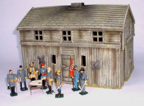 JG Miniatures - M44 d - American log fort bunkhouse - diorama avec figurines de Tradition of London au 1-32ème 