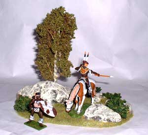 JG Miniatures - S12 - Small dioarama with birch tree, rocks and bushes avec figurines de Little Legion au 1-32ème