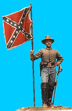 M23 - Confederate Cavalry standard bearer (dismounted) including flag. Kepi head and slouch-hat head provided (supplied with flag). 54mm Confederate cavalry dismounted (unpainted kit) - non disponible